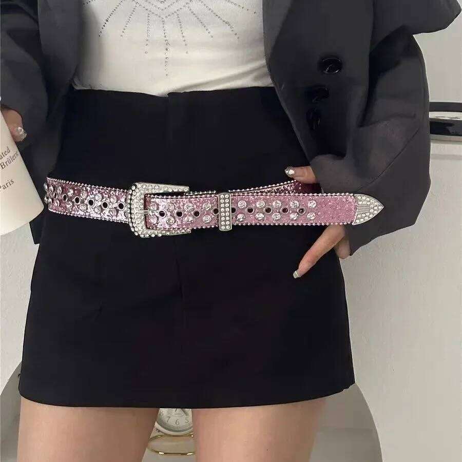 Y2K Women Fashion Solid Print Studded Full Rhinestone Belt PU Leather Bling Crystal Adjustable Glitter Waistband for Club Party Y260225