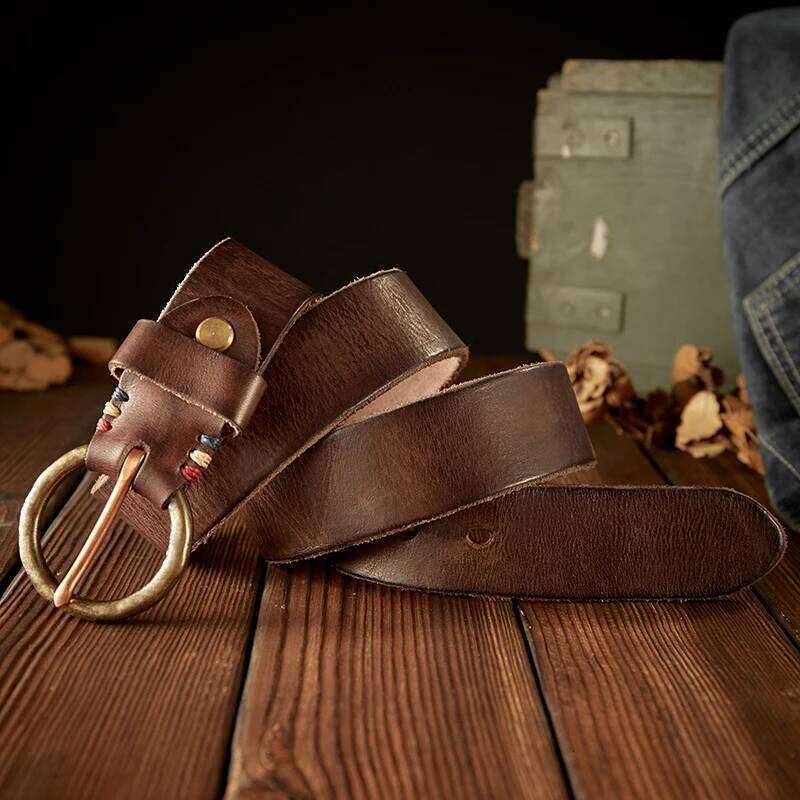 Handmade Vintage Full Grain Cowhide Pants Belt For Men Copper Pin Buckle Casual Genuine Leather Waist Strap Accessories Y260225
