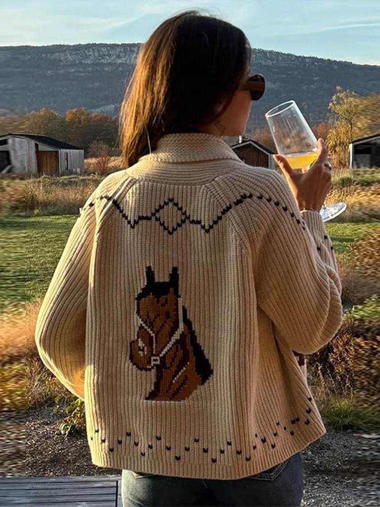 Fashion Knitted Sailboat Jacquard Sweater For Women Spring Turn Down Collar Cardigan Female Street Chic Tops 260126