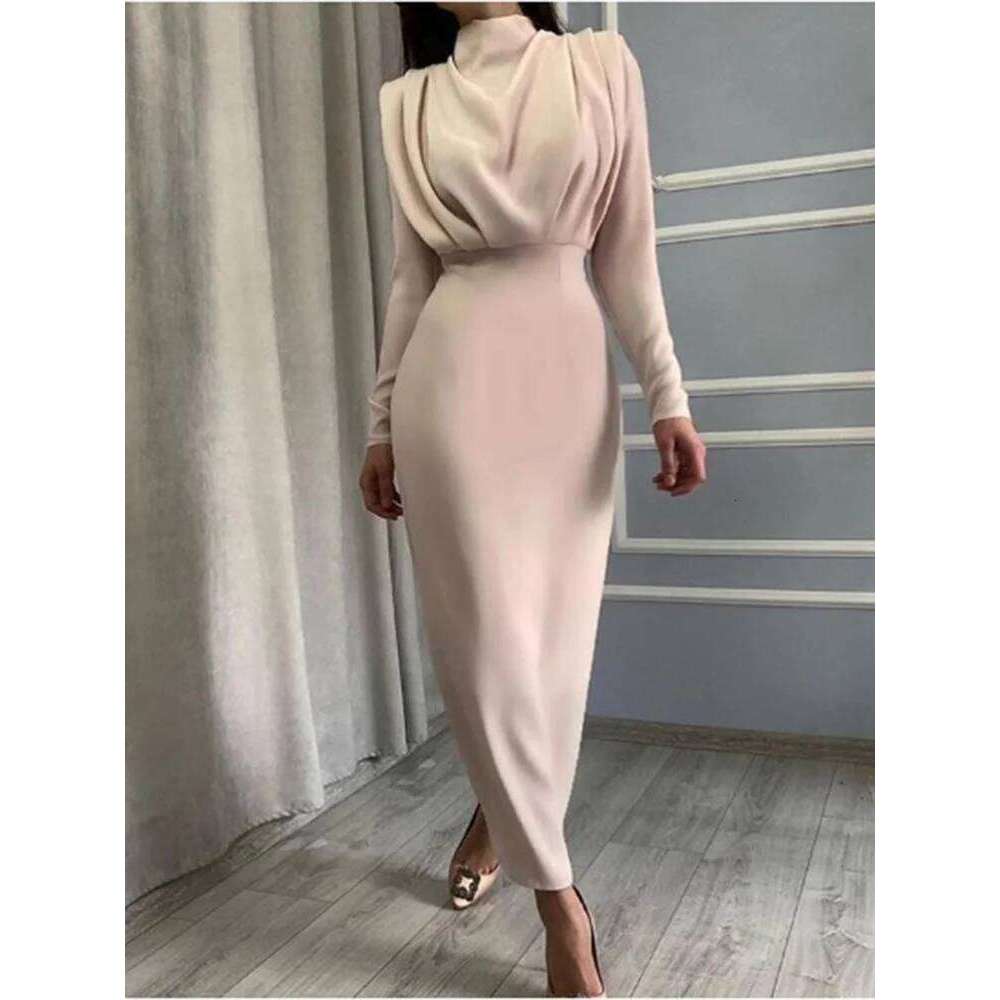 Round Neck Pleated Long Sleeved High Waisted Solid Color Women's Daily Office Elegant Urban Style Autumn Dress XJ260225
