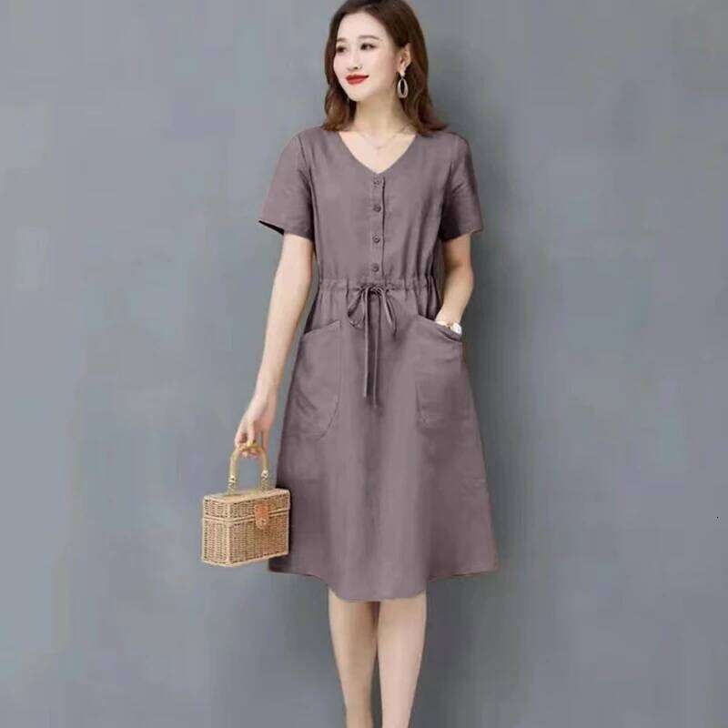 Women's Clothing Korean Elegant Loose Simplicity Intellectual Fashion Round Neck Casual Short Sleeve Pockets Drawstring Dresses XJ260225