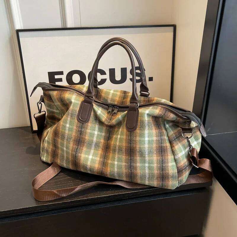 1pcs Handheld Large Capacity Retro Plaid Crossbody Gym Bag Short Trip Business and Travel Luggage Tote Y260225