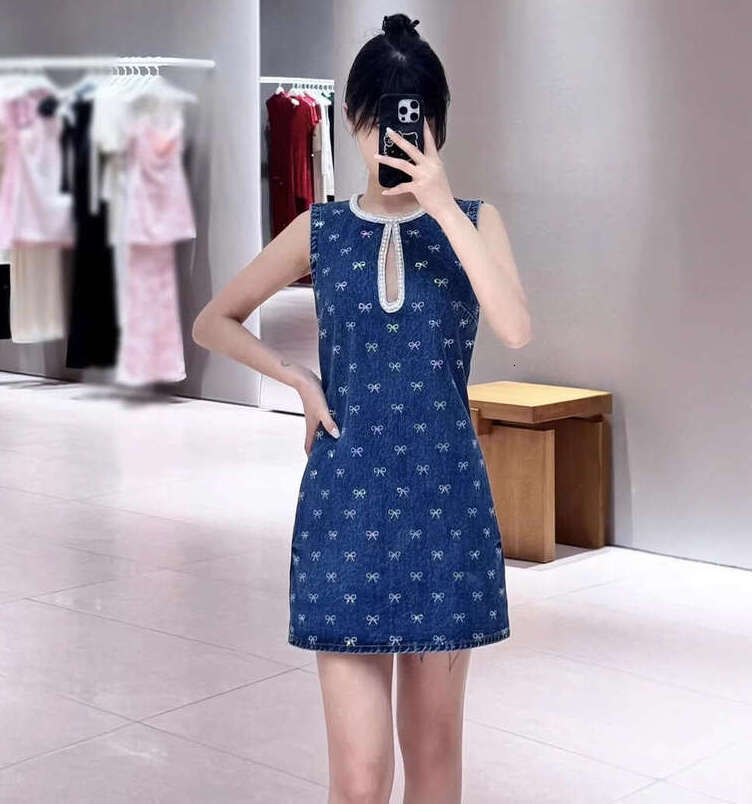 2026 summer new designer retro style bow tie rhinestone denim vest women's dress