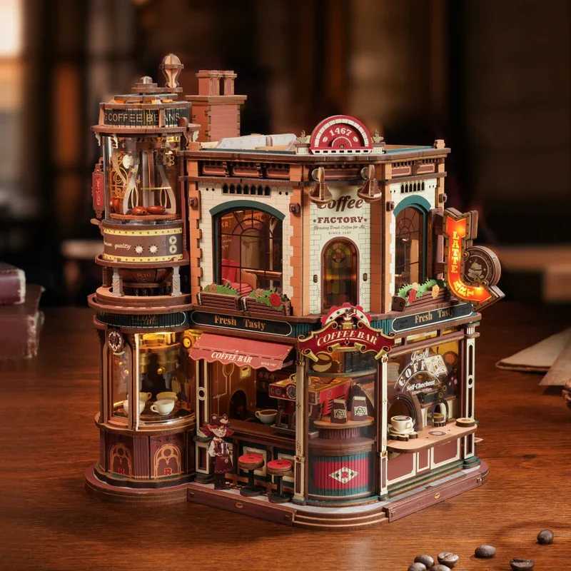 ROKR Dream Coffee Factory 3D Puzzles Music Box Christmas Wooden Model Kits Build Best Gifts for Kids Adults EAB02 26H0422