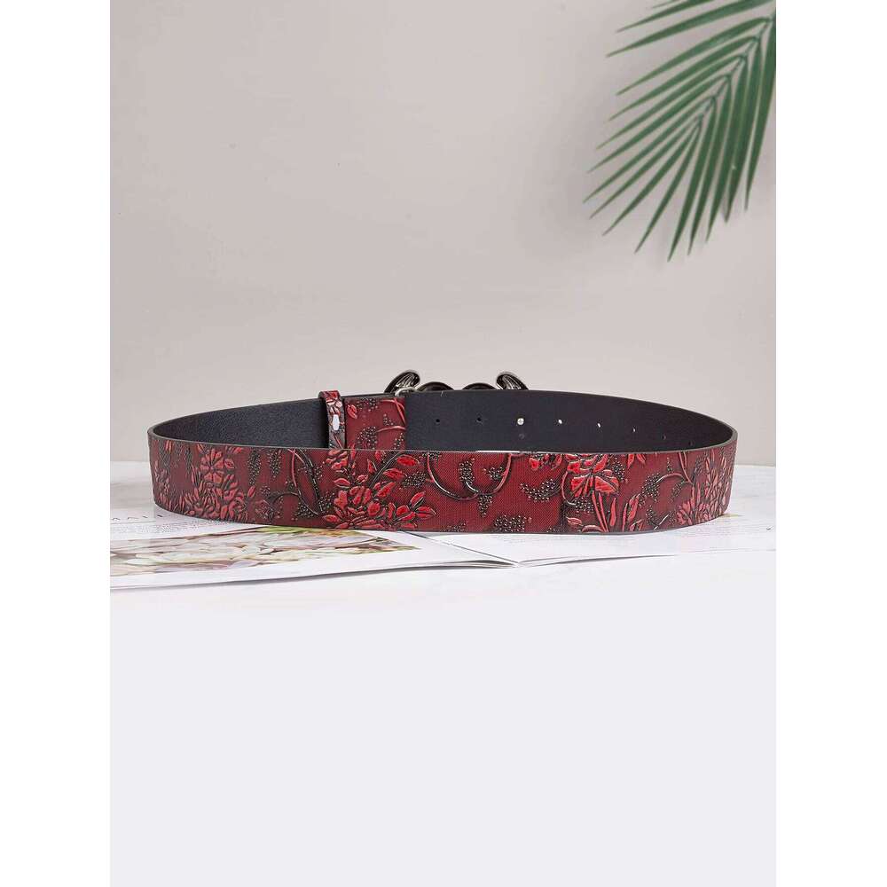 women's light luxury vintage metal angel gem heart-shaped buckle burgundy flower pattern belt, a versatile decorative belt for Y260225
