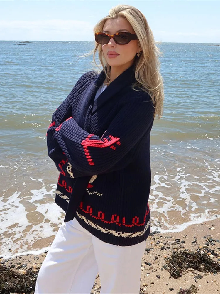 Fashion Knitted Sailboat Jacquard Sweater For Women Spring Turn Down Collar Cardigan Female Street Chic Tops 260126
