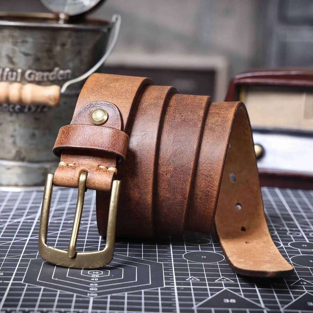 Vintage Genuine Leather Men's Solid Brass Buckle, Casual Pin Buckle Belt With Gift Box, Thickened Italian Cowhide Y260225