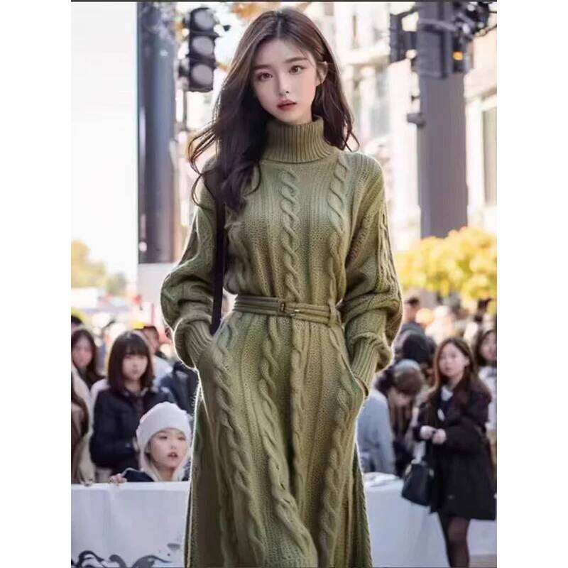 Elegant High-Neck Twisted Knit Sweater Dress 2025 Women Autumn Winter Warm Elastic Luxury Loose Style Fashionable XJ260225