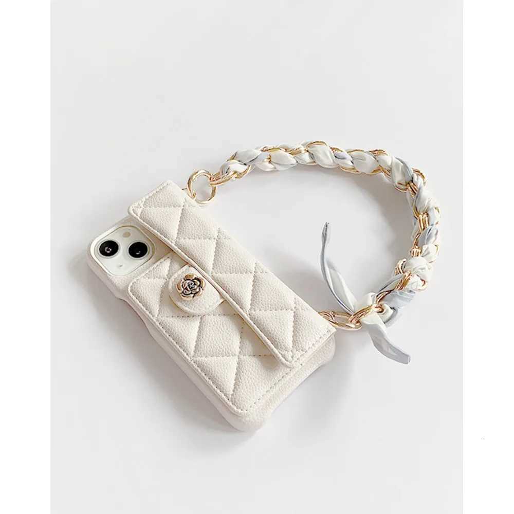 Luxury Quilted Camellia Leather Phone Case | Card Holder with Scarf Chain Strap for iPhone 1417 SeriesT260225
