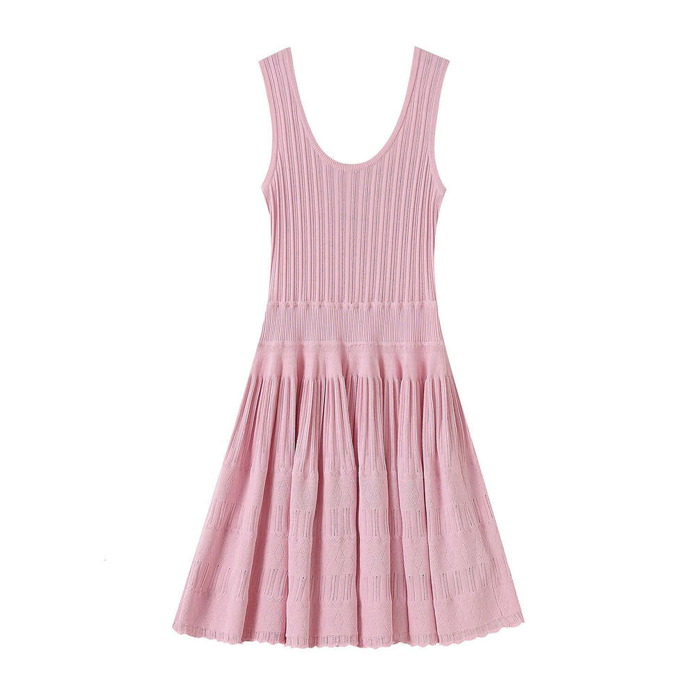 N18 Designer's luxurious social style pleated hollowed out U-neck lace up slim fit sleeveless women's knitted dress