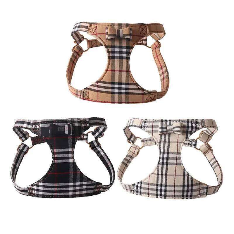 New Dog Harness Set For Small And Medium Dogs Adjustable Plaid Bow Vest Double Hook Leash Pet Supplies Puppy