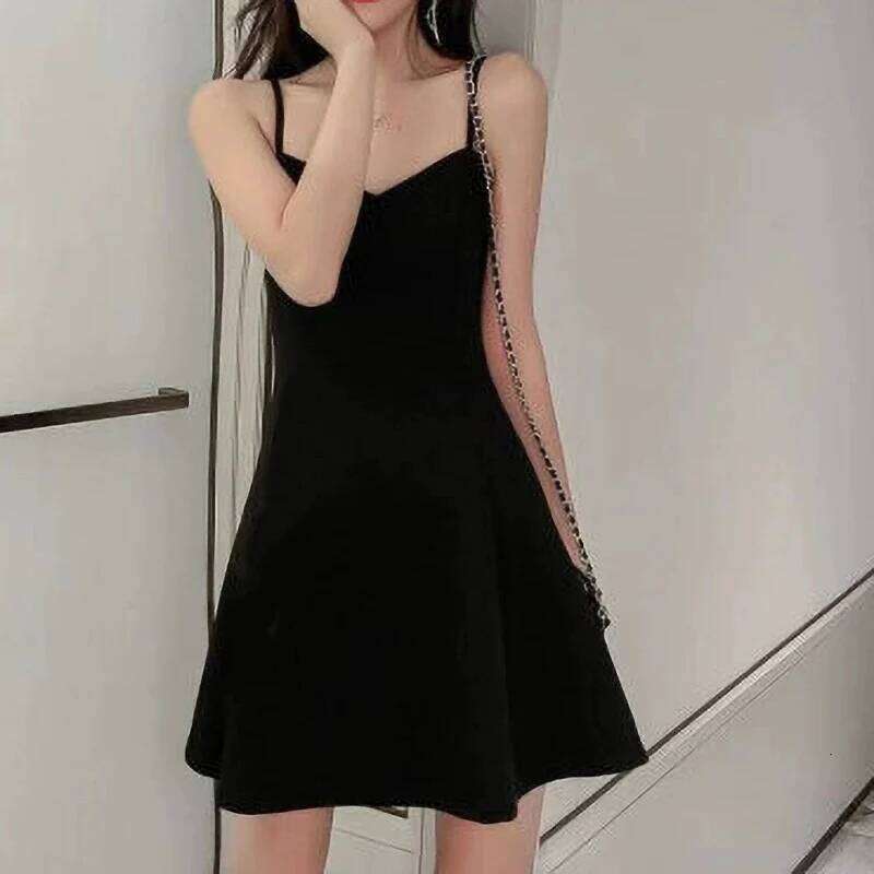 Elegant Spaghetti Strap Black for Women Sweet Sleeveless V-Neck Sling Dress Ladies Summer New A-Line Short Vestidos Mujer XJ260225