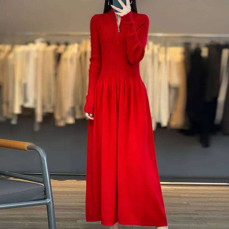 Korean Stand Collar Female Autumn/Winter100%Merino Wool Knitted and Calf Maxi Fashion Waisted High-neck Dress XJ260225