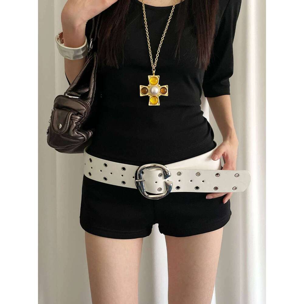 Heavy Industrial Punk Style Double-Row Hole Decoration Wide Version For Women A Niche And Versatile Leather Belt Y260225
