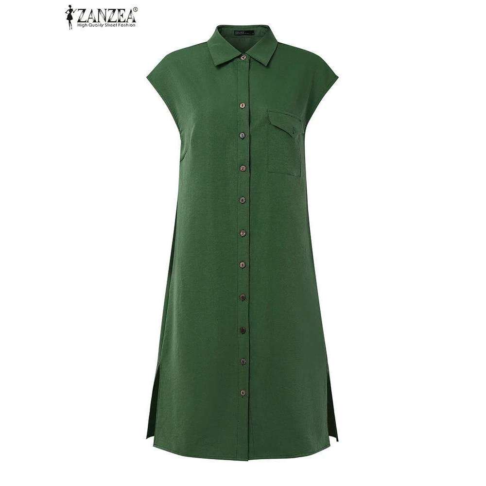 2025 Summer ZANZEA Women Fashion Shirt Dress Elegant Lapel Neck Sleeveless Work OL Dresses Casual Solid Holiday Vestidos XJ260225