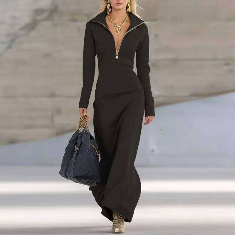 Elegant Long Sleeve Polo Collar Woman Casual Slim Solid Zipper Commute Dresses New Autumn Winter Holiday A-Line Maxi Dress XJ260225