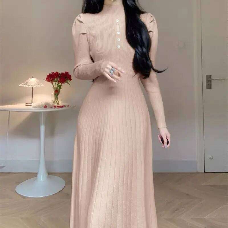 Solid Half High Collar Long Sleeve Jersey Dress Elegant Fashion Harajuku Slim Fit Female Clothes Casual Sweat All Match Dresses XJ260225