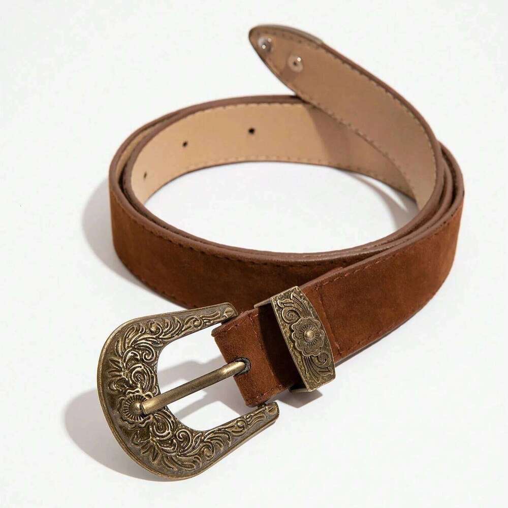 1pc Women's Brown Carved Bronze Metal Buckle Frosted Fine Velvet for Jeans Versatile Decorative Belt Y260225