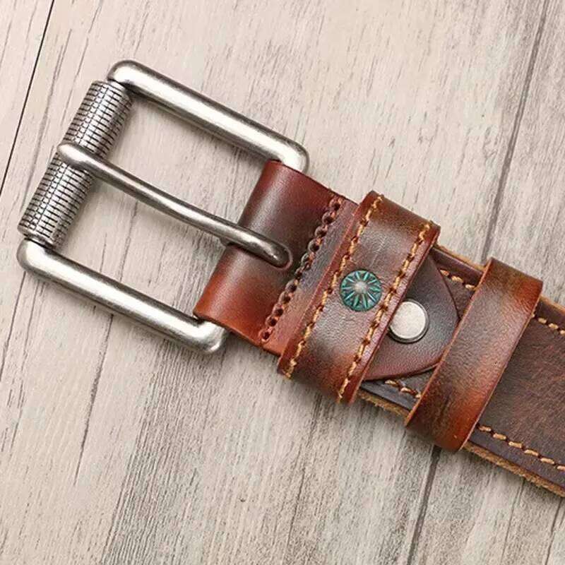 Rivet Retro Men's Top Layer Genuine Leather Pin Buckle Male Hand-sewn Cowskin Luxury Quality Designer Belt Men Y260225