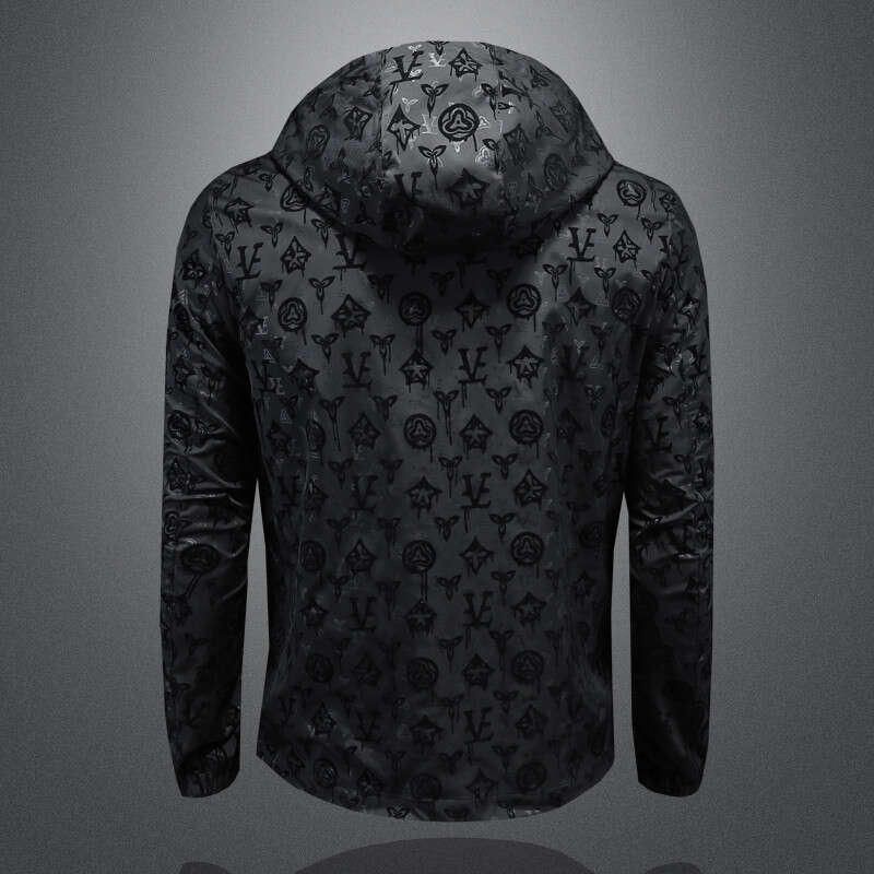 2025 Autumn New Flocked Hooded Jacket Printed Men's Reversible Coat Casual Trendy Brand Slim