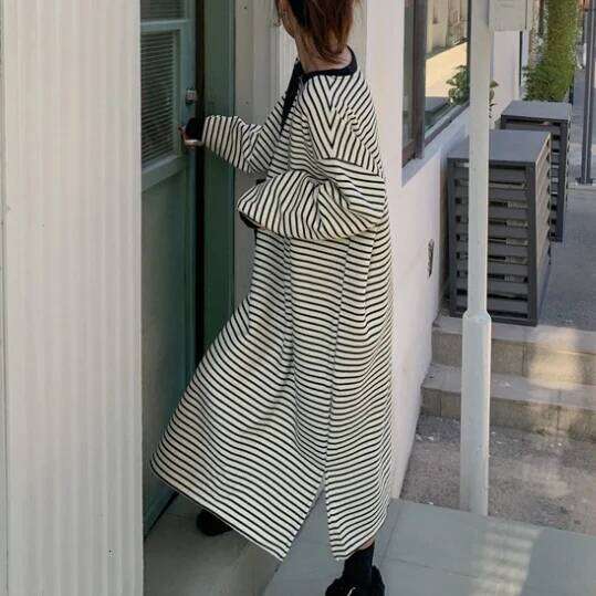 Women's round Neck Long Sleeve Autumn Striped Midi-Length Knee-Covering Loose Casual Trendy One-Piece Dress XJ260225