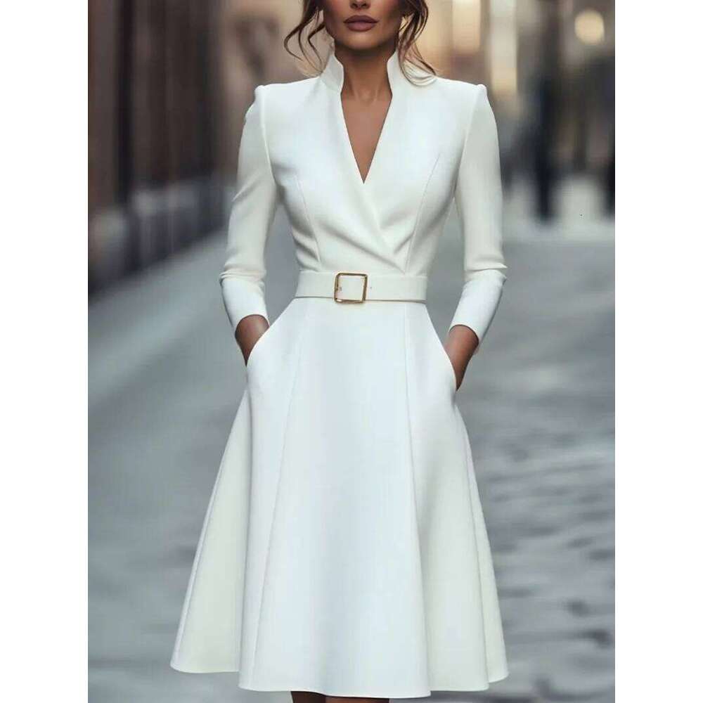 Women's Autumn Winter V-Neck Long Sleeve A-Line Skirt Slimming Waist Belted Medium-Length Commuter Fashion XJ260225