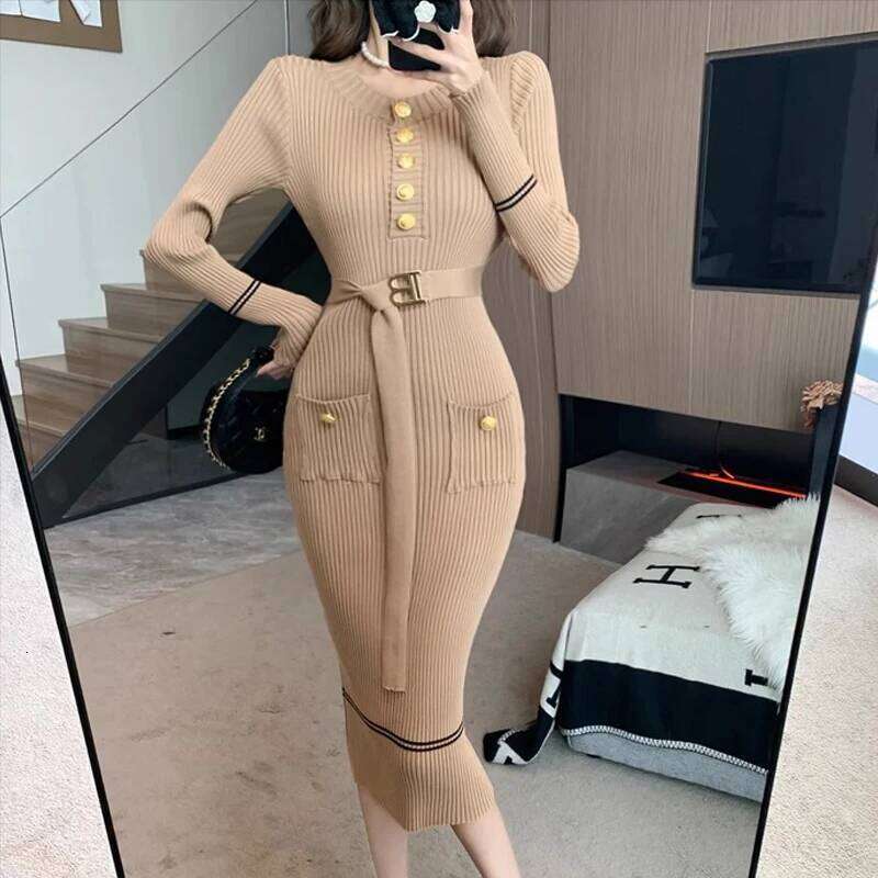 YuooMuoo Brand Fashion Knitted Long 2024 New Elegant O-neck Buttons Lace-up Pockets Bodycon Dress Lady Sweater Vestidos XJ260225