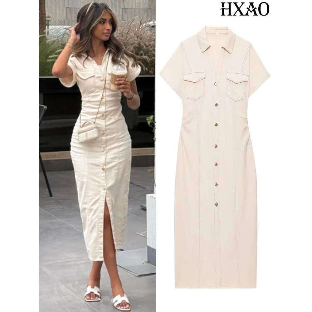 HXAO Women's Dress Button Short Sleeve Midi Summer New Denim Long Dresses Office Elegant Female Clothing XJ260225