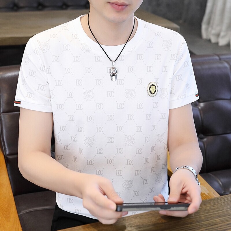 Luxury Brand Designer Clothes Summer Casual Men's Short-Sleeve Shirt, Round Neck, Pure Cotton, Slim Fit, Trendy Half-Sleeve Top, Men's Cloth