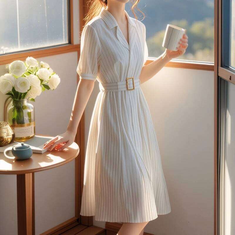 Seoulish Summer Elegant Striped Women's A-line Dresses Sashes 2025 New Short Sleeve Polo Collar Casual Loose Midi Dress Female XJ260225