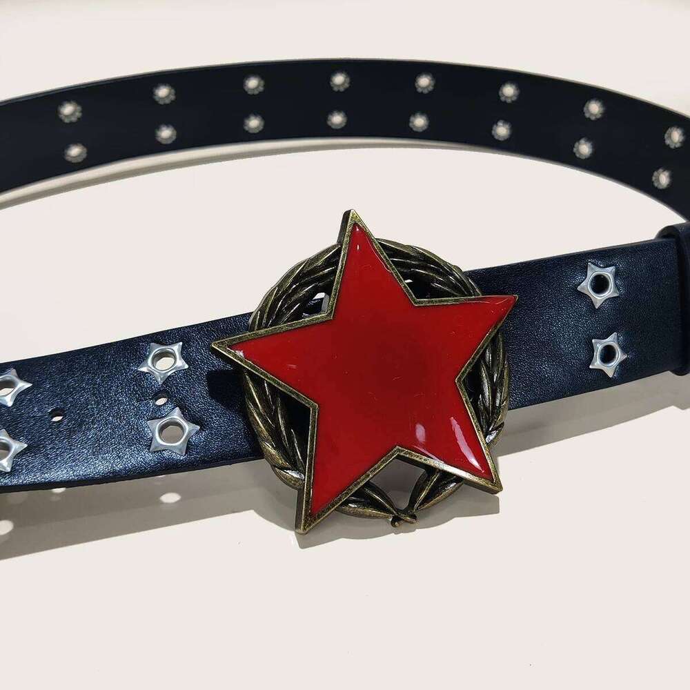 Men's Y2K Punk Fashion Red Six-pointed Star Buckle Gothic Accessories Versatile Jeans Leather for Woman Wide Plus Size Belt Y260225