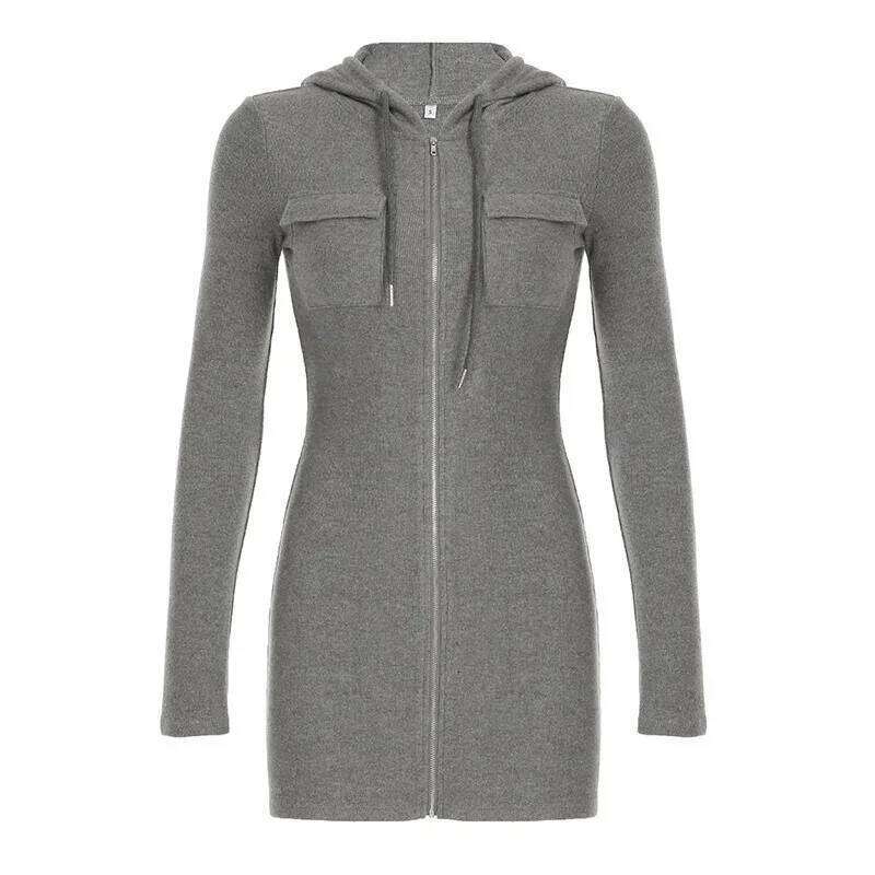 Long Sleeve High Waist Bodycon Slim Casual Short Dress American Simple Solid Color Hooded Zipper XJ260225
