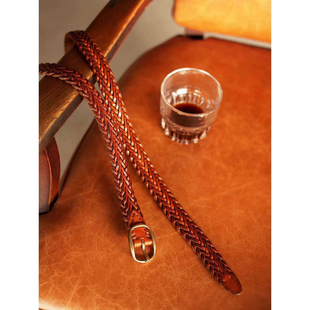 Retro Genuine Vegetable Tanned Leather Belt for Women with Pure Copper Button Hand-Woven Jeans Style Unisex Fashion Luxury Y260225