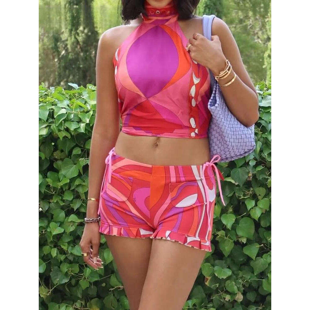 Casual dress, fashionable suspender print 3-piece set for women, lace up sleeveless backless top, mini shorts for 2026 summer women