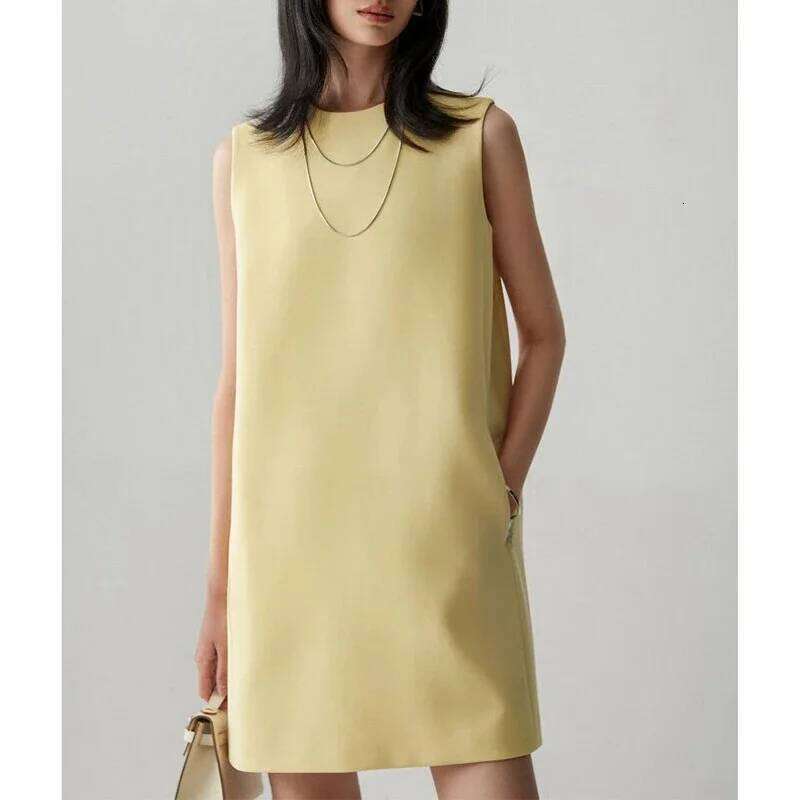 New Women Vintage Sleeveless Elegant Commute Satin Dresses Summer O Neck Solid Loose Sexy Mini Dress Straight Vestido XJ260225