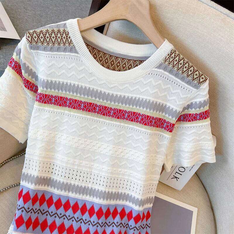 Fashion O-Neck Knitted Spliced Striped Mini Dress Women's Clothing 2025 Summer New Loose Short Sleeve Korean Ladies Dresses XJ260225