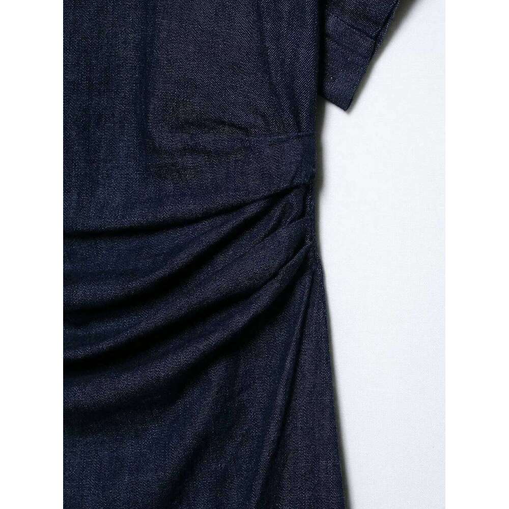 ETJ 2025 summer new women's elegant fashion pleats decorated short sleeve wide round neck slit hem denim dress XJ260225