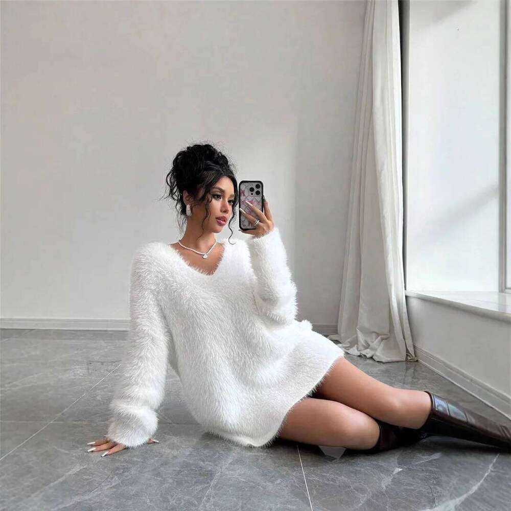 O Neck Long Sleeve Women's Plush Dress Sweater Autumn Winter New Style Cross-Border Fashion Elegant Vestidos Female Garment XJ260225