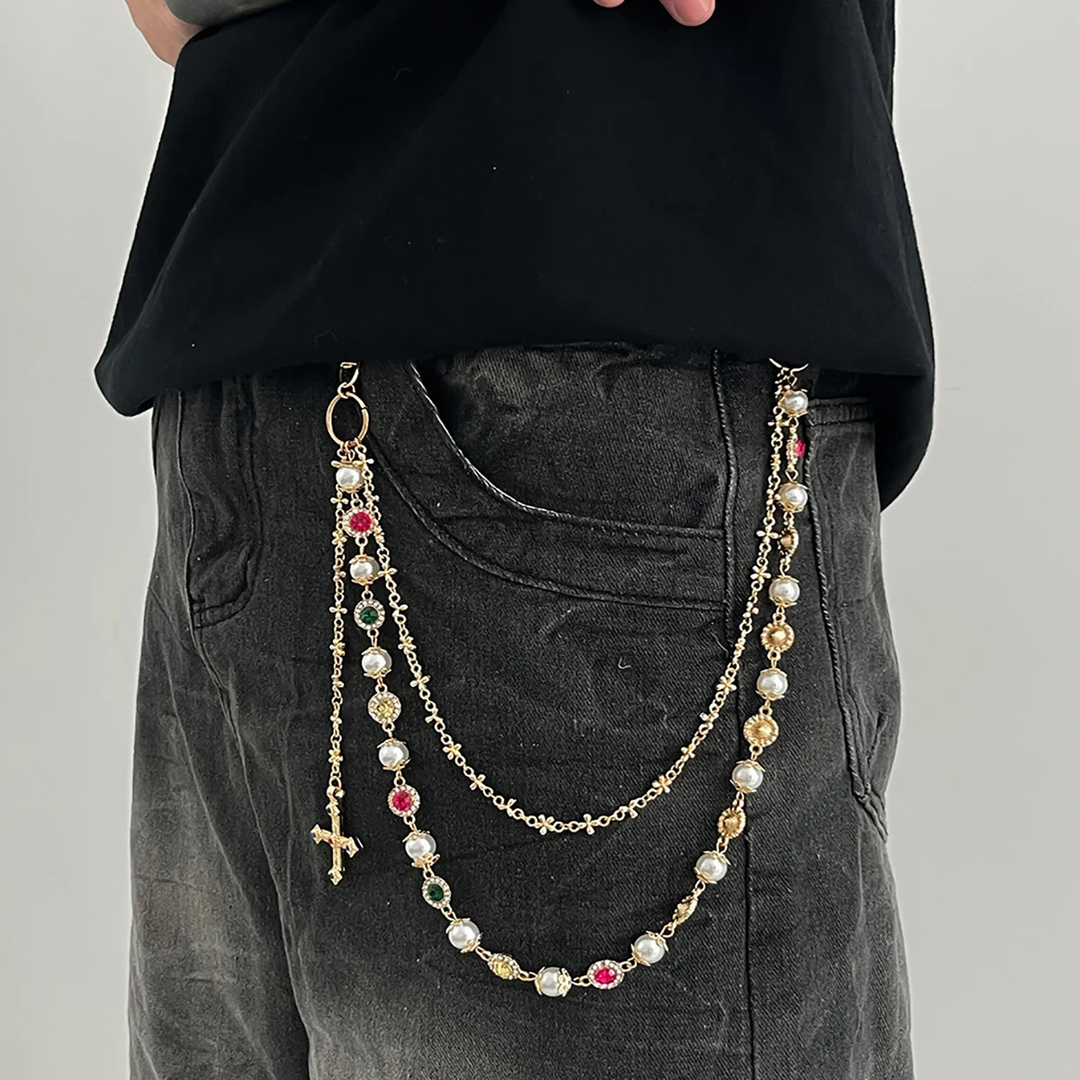 Salircon Exquisite Cross Pendant Imitation Pearl Keychain Belt Chain Men Punk Trousers Jean Chain HipHop Jewelry Gift 260206