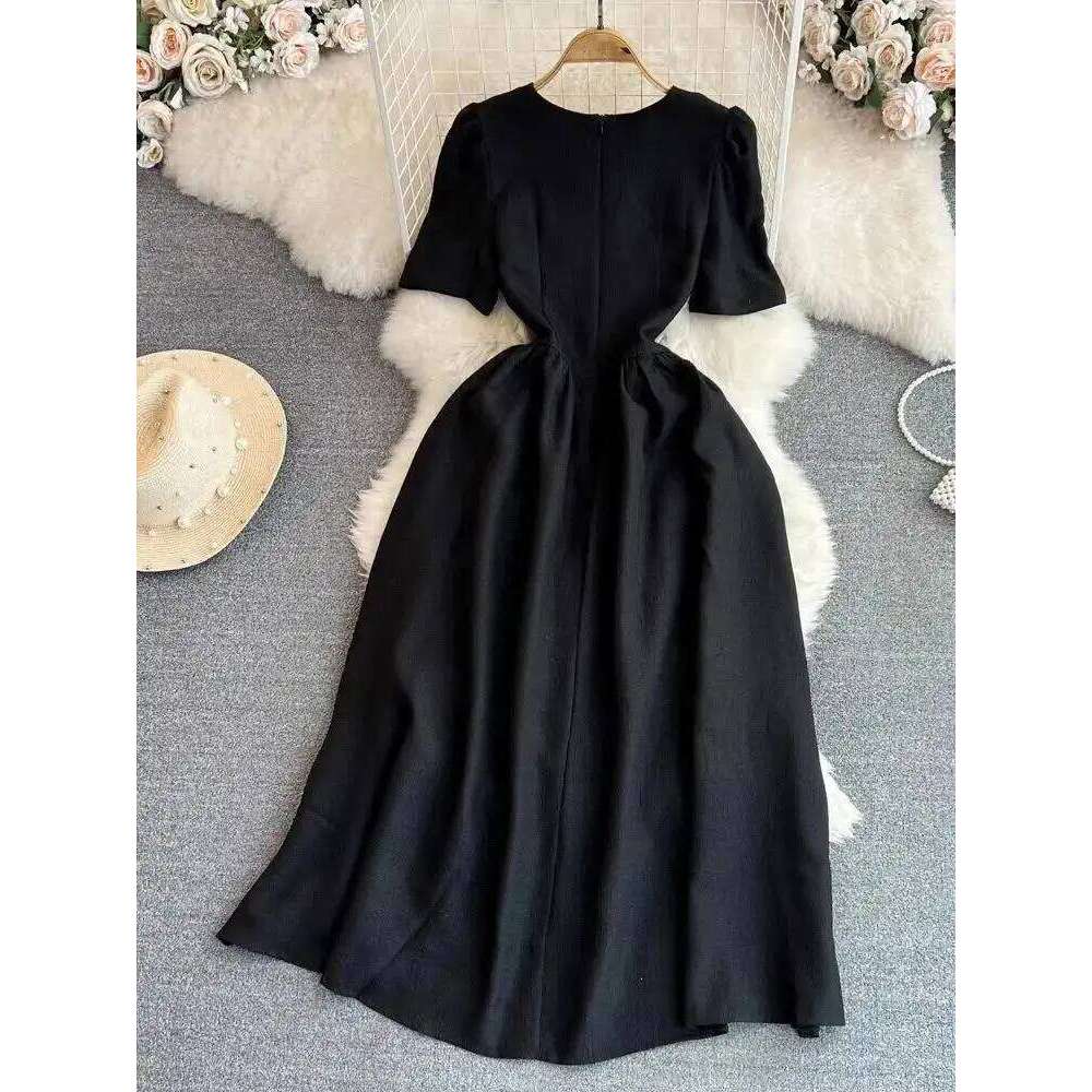Summer Autumn Black Sundress Short Midi Party Dress Women Elegant Puff Sleeve Heart Buttons Evening Long Vestidos Quality XJ260225