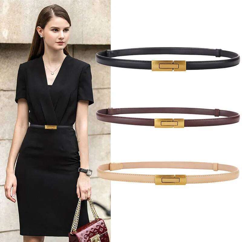 Women Skinny Patent Genuine Leather Slim Adjustable Alloy Buckle Waist Belt for Dress Y260225