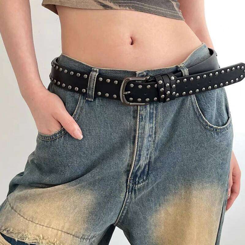 2026 New Women Women's Jeans Tie-in Ladies' Personality Rivet Belt Senior Black Fashion Y260225