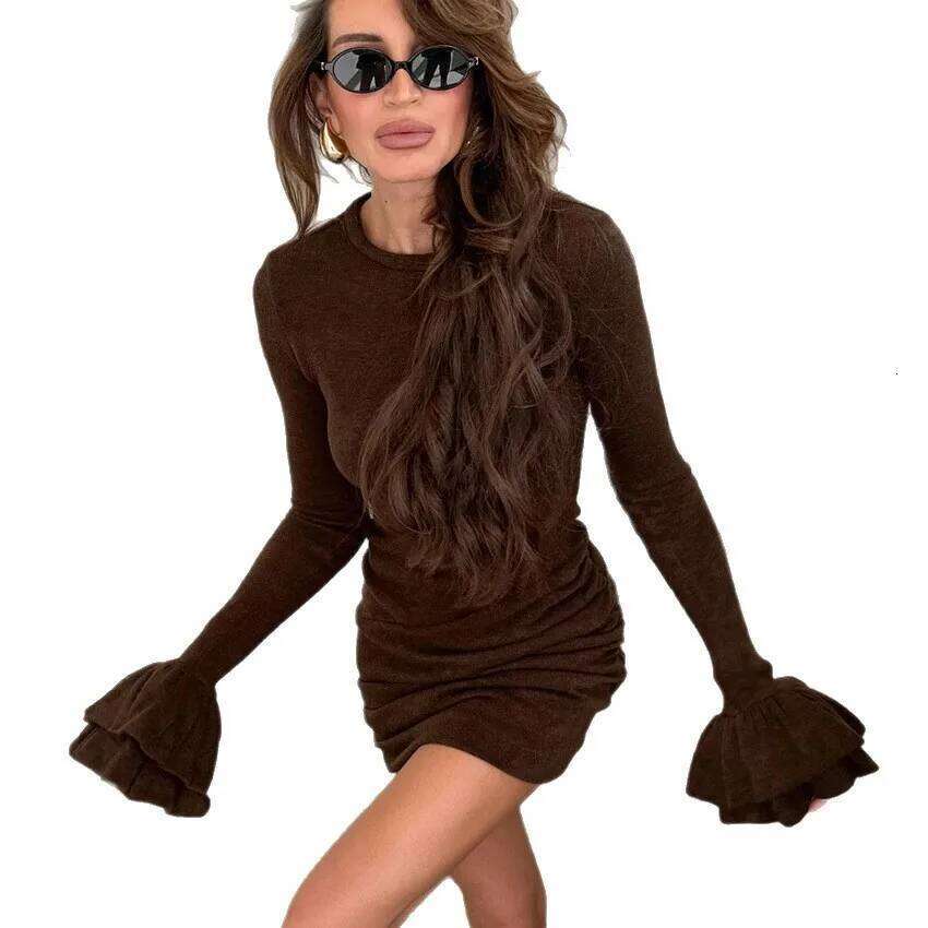 2025 New Fashionable Waist Bell Sleeve Dress Autumn Sexy And Elegant Solid Color Pleated Mini Dresses For Women XJ260225