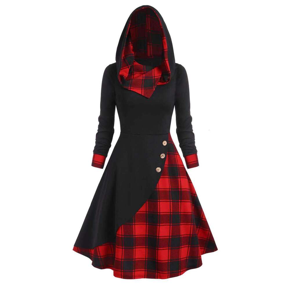 Vintage Commute Button Plaid Patchwork Hooded Dress Women's Clothing Autumn Fashion Long Sleeve Casual High Waist Midi Dresses XJ260225