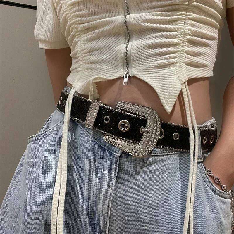 Y2K Women Fashion Solid Print Studded Full Rhinestone Belt PU Leather Bling Crystal Adjustable Glitter Waistband for Club Party Y260225