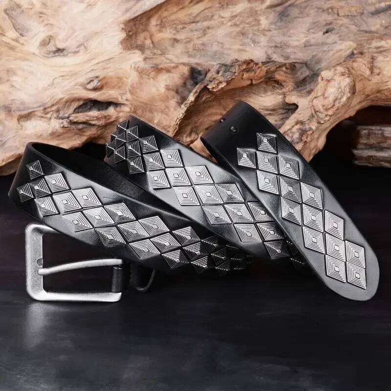 3.8cm Designer Brand Men Rivet 100% Real Pin Male Rock Top Grain Genuine Leather Cowhide Luxury Punk Belt Jean Y260225