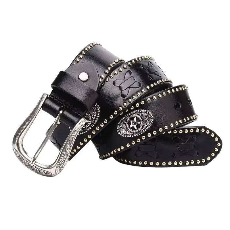 3.8CM Metal Rivet Luxury Designers Men Punk Cowskin Genuine Leather Belt Male Rock Hip Hop Strap Waist Y260225
