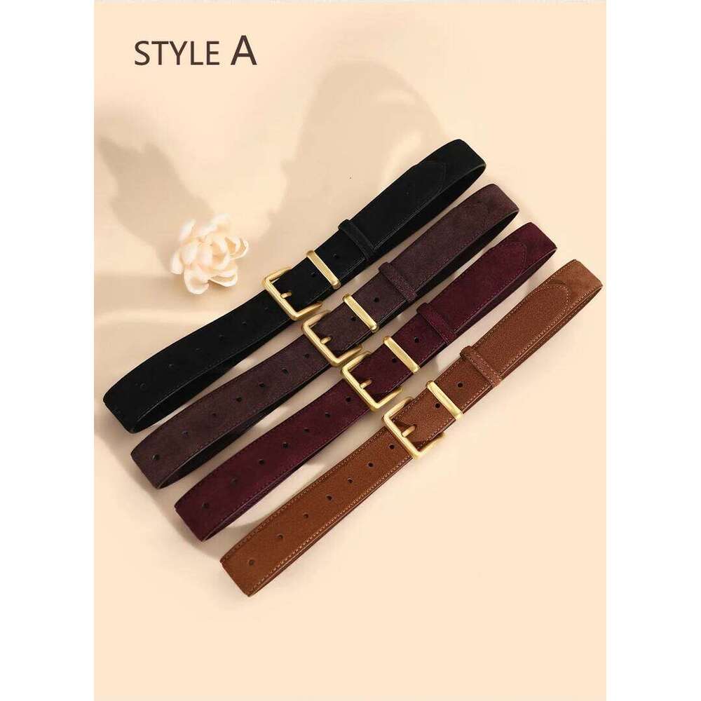 Luxury Suede Cowhide Leather Belt Women, Vintage Style with Gold Buckle, 3.3cm Wide Waistband for Dresses & Jeans Y260225