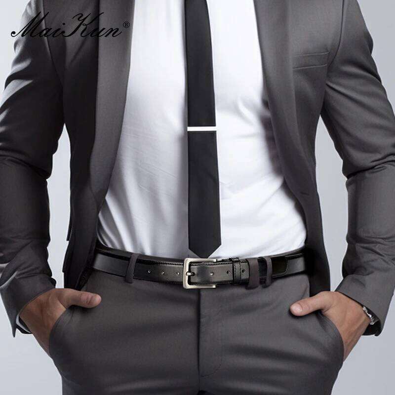 Maikun Men's For Trousers Classic Black Alloy Pin Buckle Business Second Layer Leather Belt Y260225