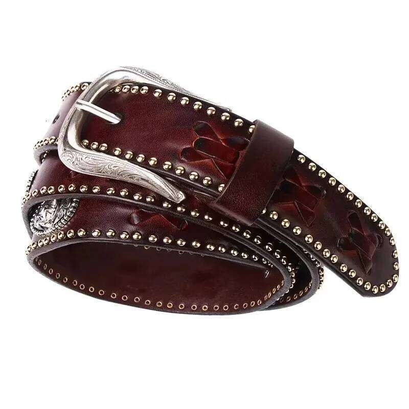 3.8CM Metal Rivet Luxury Designers Men Punk Cowskin Genuine Leather Belt Male Rock Hip Hop Strap Waist Y260225